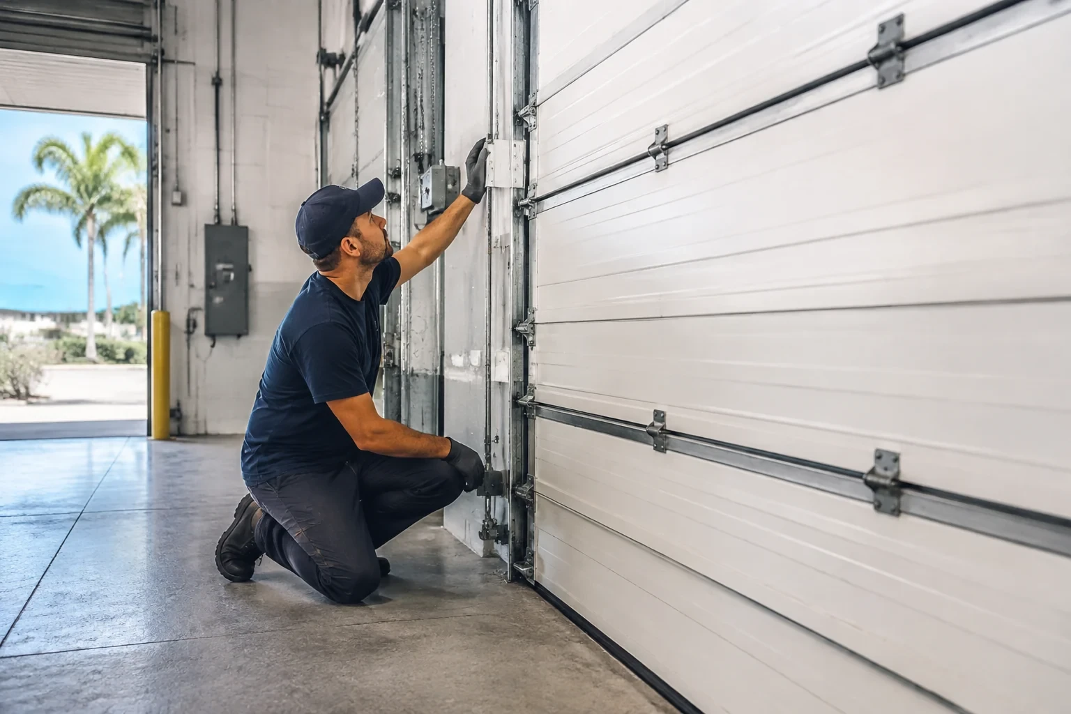 Person beside a closed sectional garage door in an industrial interior