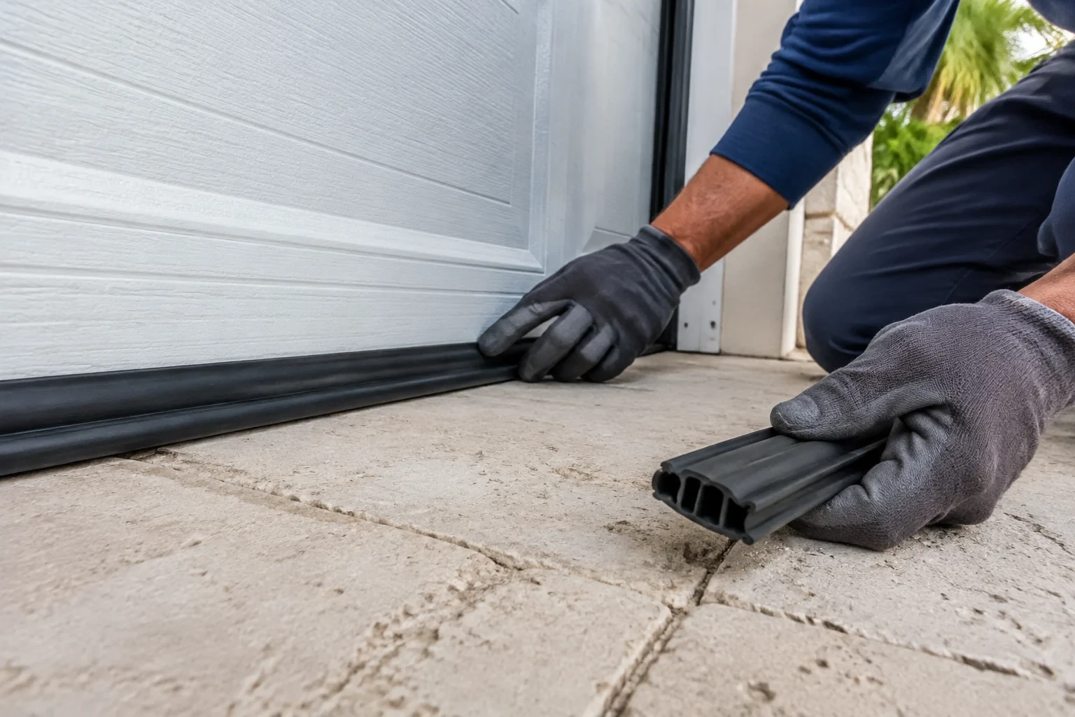 Garage-door bottom edge beside a loose seal cross-section