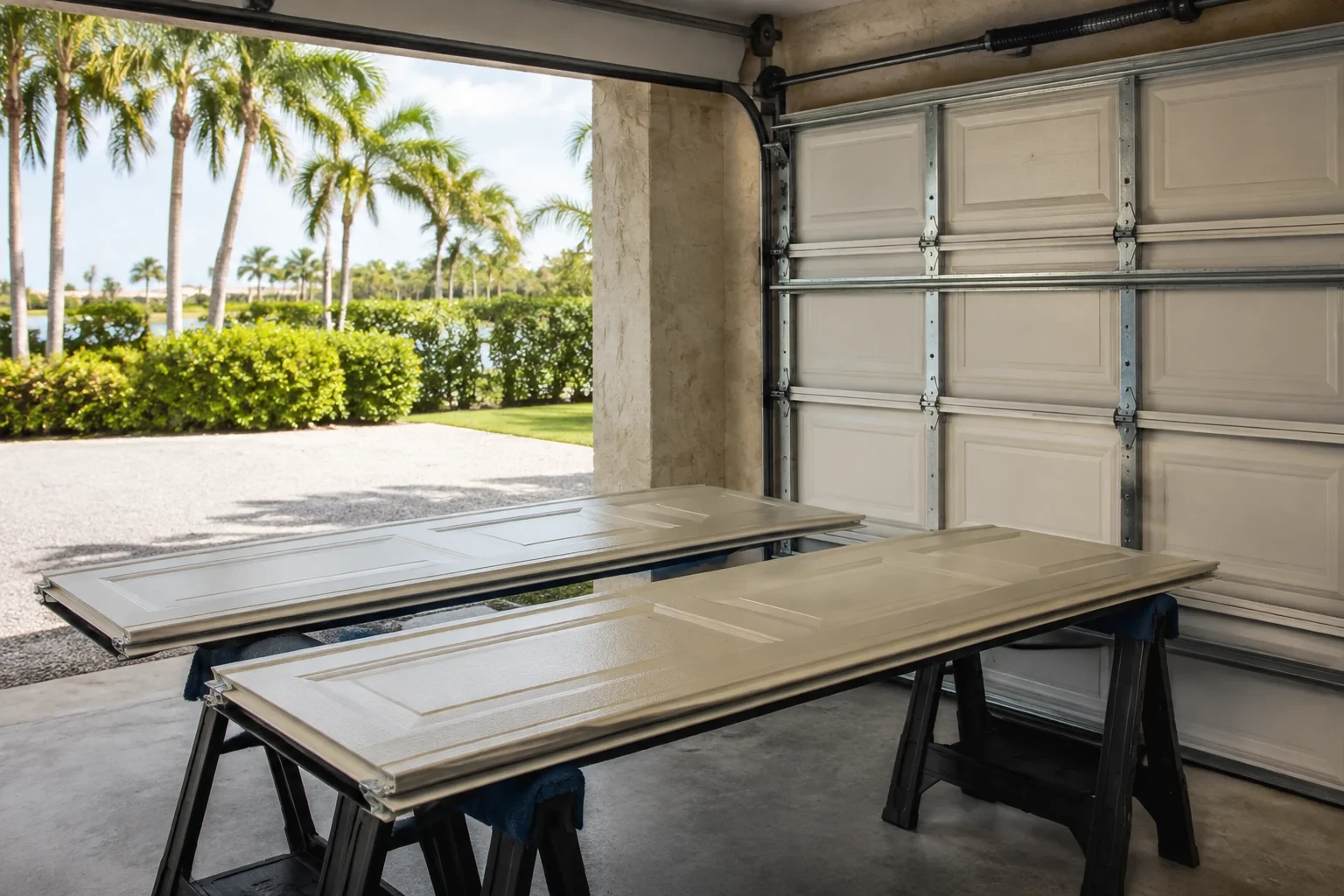 Two detached garage-door panels resting on padded trestles