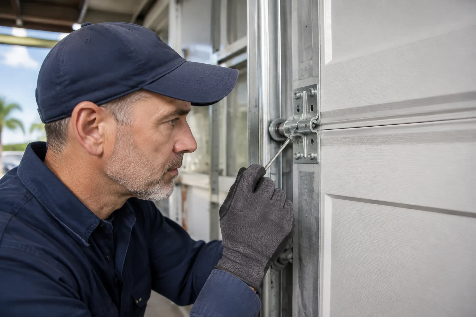 Person holding a tool against a garage-door hinge