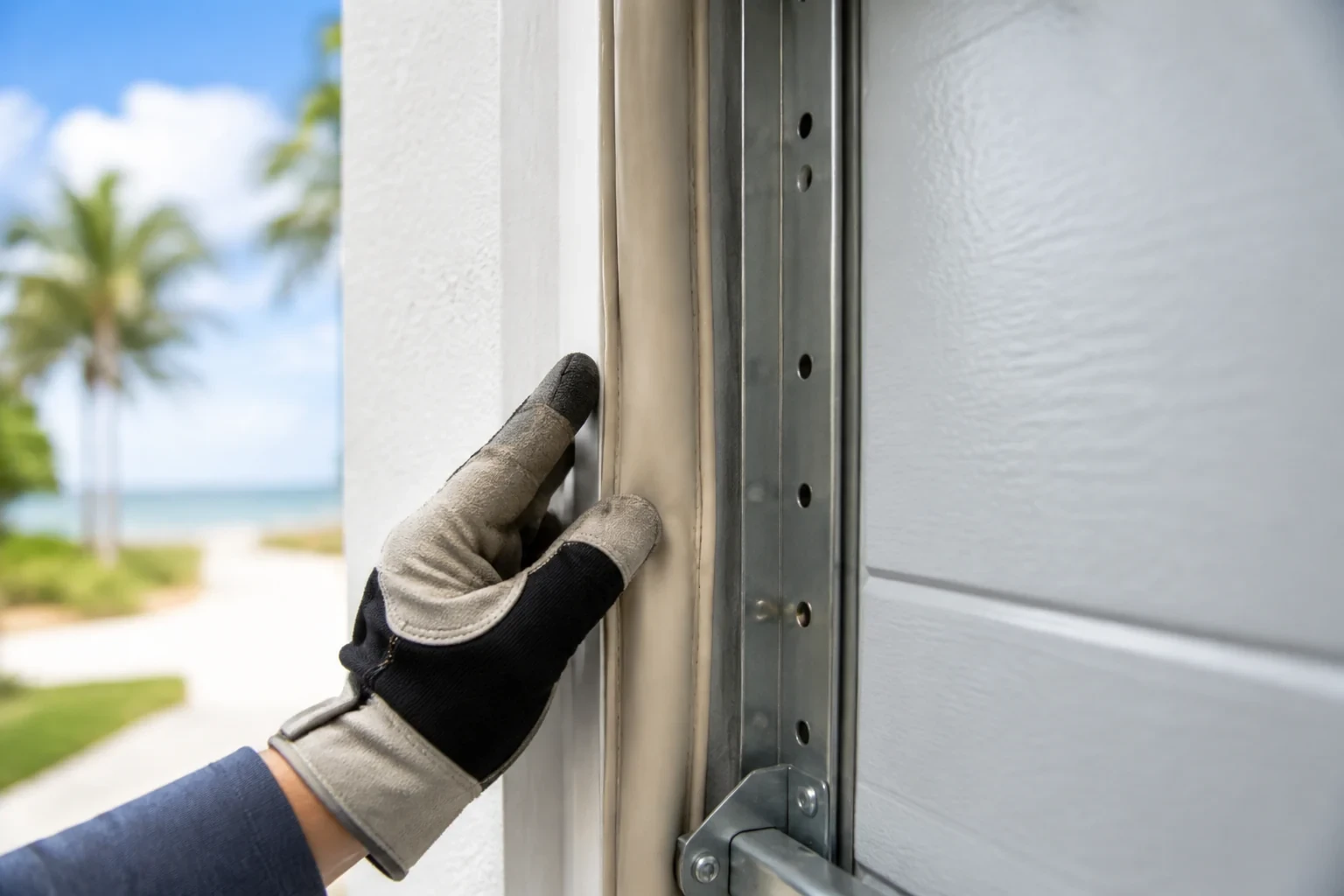 Hand touching a strip beside a vertical garage-door track