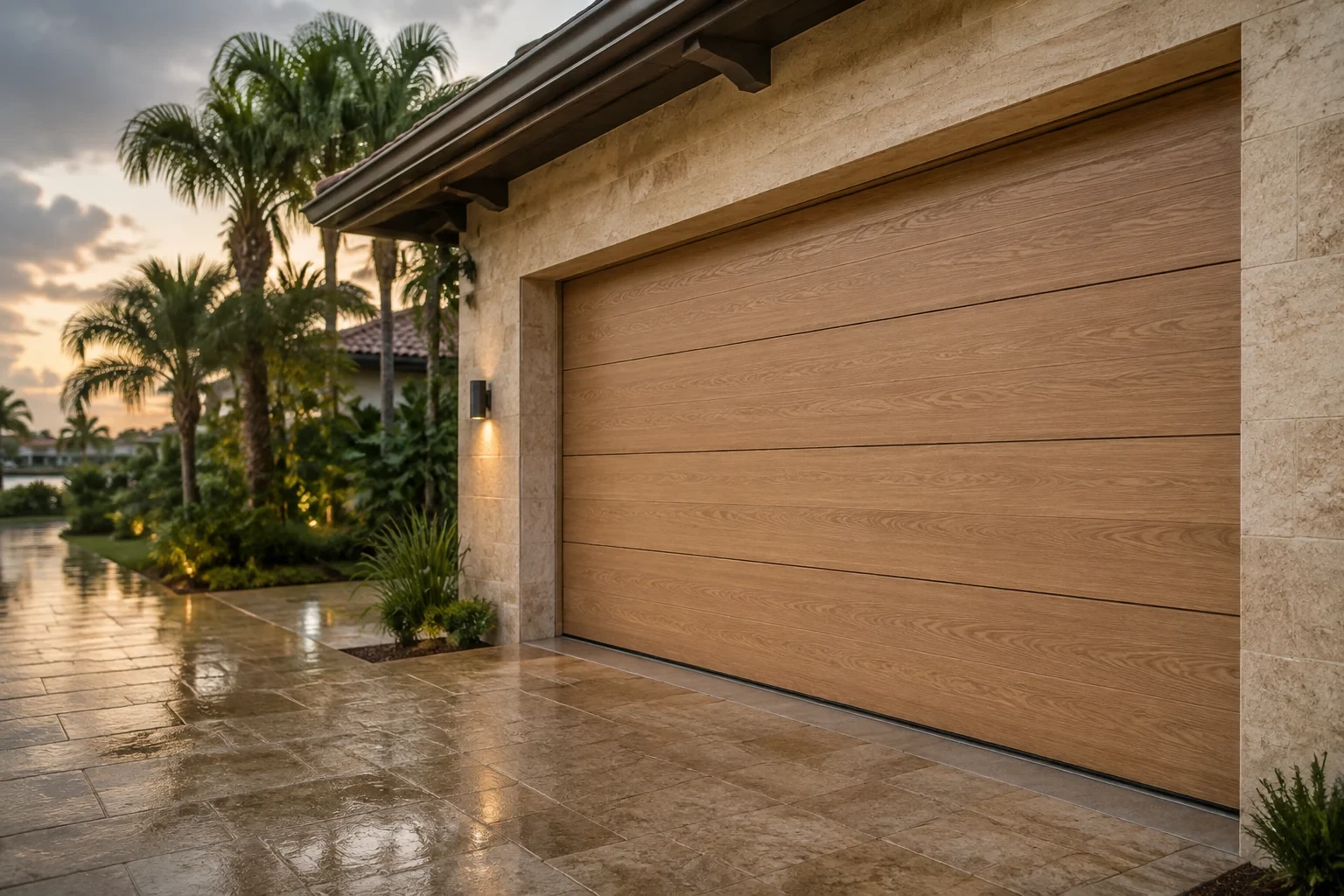 Oak-look sectional garage door beside a coastal home