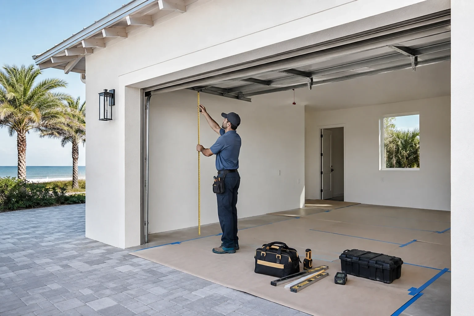 Person measuring beneath an open garage door above a protected floor