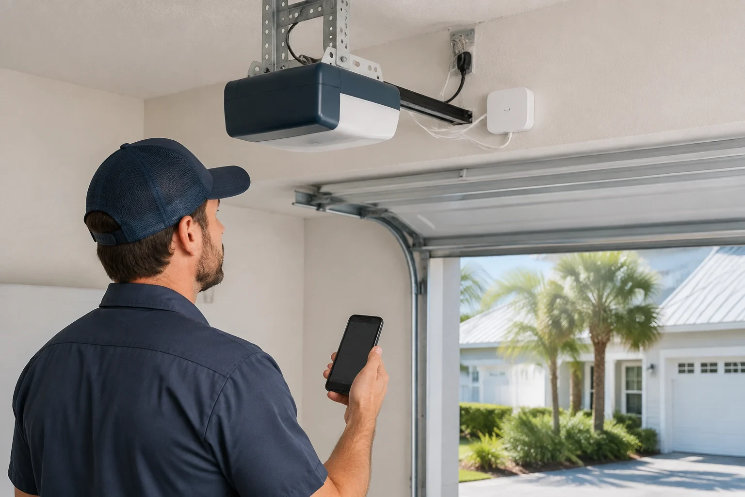 White module and phone beside a garage-door opener